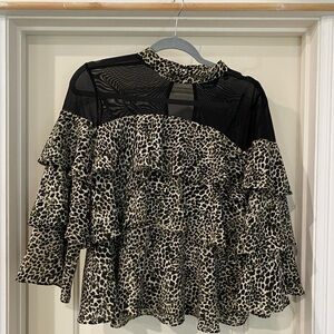 P•LUCA MILANO Mock Neck Ruffle Blouse Tiered Animal Print  Large